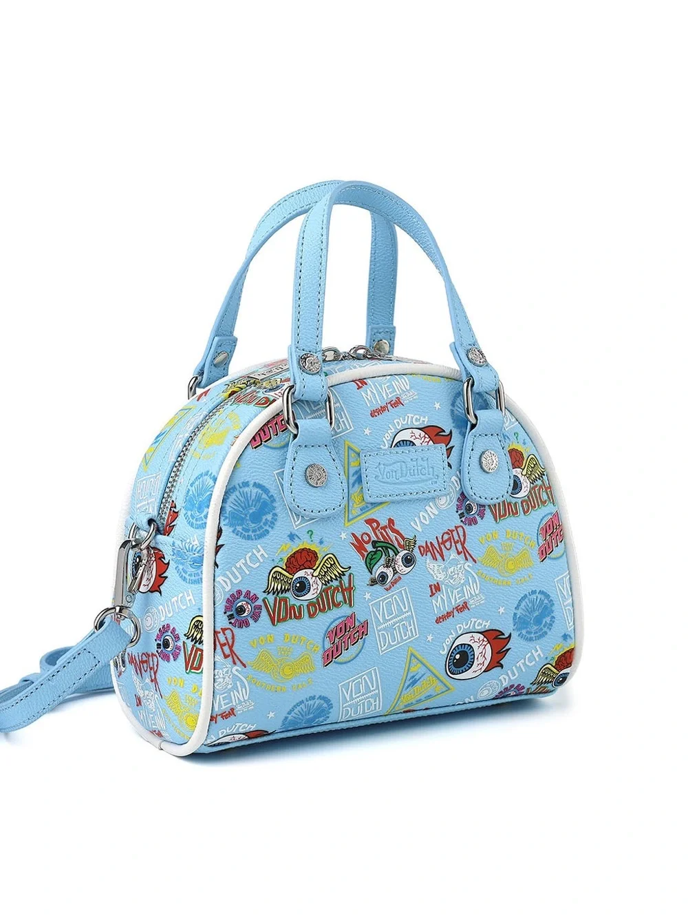 Von Dutch Light Blue Dome Satchel with Multicolor Logo Print